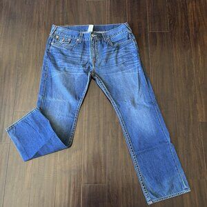 True Religion Men’s Straight Leg Jeans Size 42x34 Flap Pocket Blue Denim